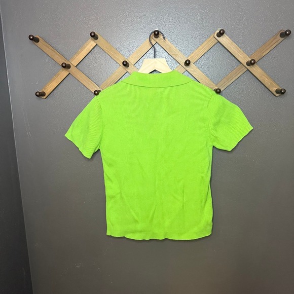 Avan Basic Green Ribbed Knit Polo Minimalist Statement Top Sculptural Retro L - Picture 4 of 4